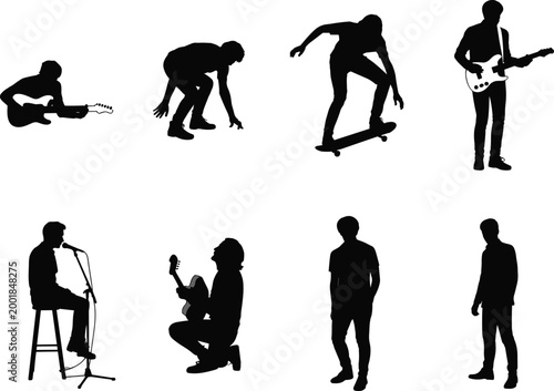 Musician and skater silhouettes set with guitar performance skateboarding and casual poses isolated on white background