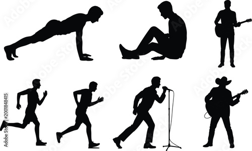 People silhouettes set with fitness exercise running music performance and casual poses isolated on white background