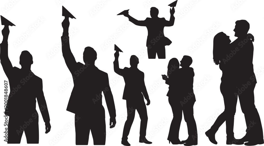 Obraz premium Black Solid Marketing Staff Throwing Paper Airplane Silhouettes Set of Six on White Background