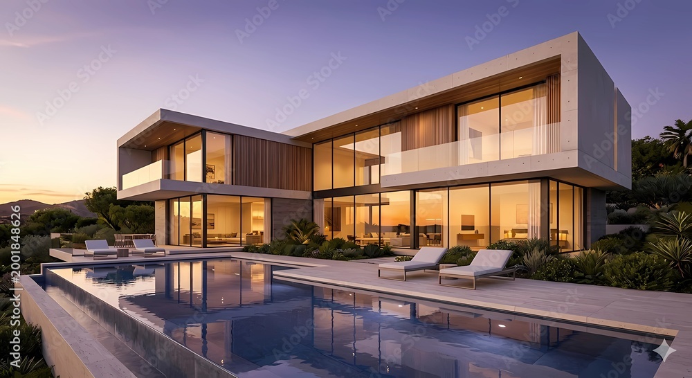 Fototapeta premium Mansion moderna con piscina infinita al atardecer