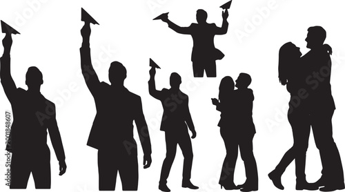 Foto Black Solid Marketing Staff Throwing Paper Airplane Silhouettes Set of Six on Wh