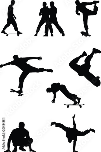 Skateboarding silhouettes set with tricks jumps and urban action poses isolated on white background for extreme sports concepts