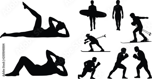Sport and fitness silhouettes set with workout skiing boxing and active poses isolated on white background