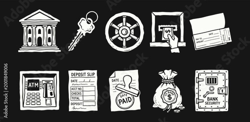 Vintage Banking Security Icons and Financial Service Symbols in Sketch Style
