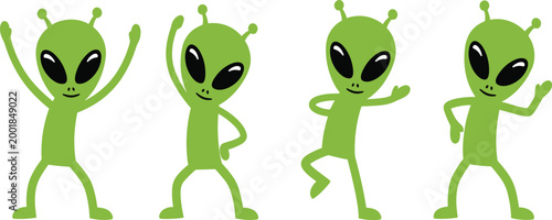 Green Alien Character Vector Set Featuring Various Poses and Dance Moves for Digital Design.