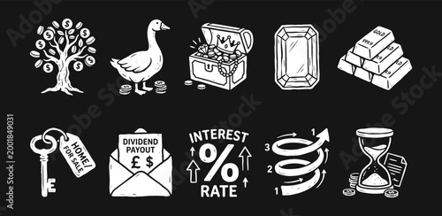 Wealth and investment icon set in white sketch style for financial planning and passive income