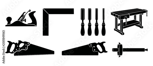 Carpentry Tools Icon Set Vector, Woodworking Equipment Collection, Hand Saw, Chisel, Workbench, Plane, and Square Symbols, DIY Construction Crafting Silhouettes for Workshop Design and Carpentry Proje