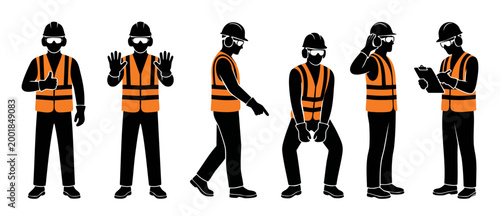Construction worker silhouettes in safety vest and hard hat, set of industrial worker actions for site safety, risk management, building maintenance, and engineering infographic vector illustration.