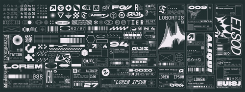 Retro futuristic industrial labels, packaging and warning symbols, fake logos, dystopian sci-fi elements. Cyberpunk decals, technical labels, product package tags, brutalism tech stickers vector set
