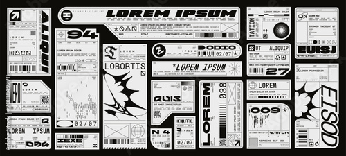Retro futuristic industrial labels, cyberpunk aesthetics decals. Fake product sticker, cargo label, packaging tags with barcodes and technical symbols, brutalism sci-fi tech stickers vector set
