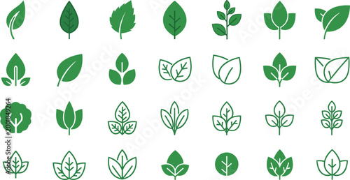 Leaf and Plant Logo Vector Set Featuring Various Green Leaf Designs, Organic Symbols, and Eco-Friendly Icons for Digital Design.