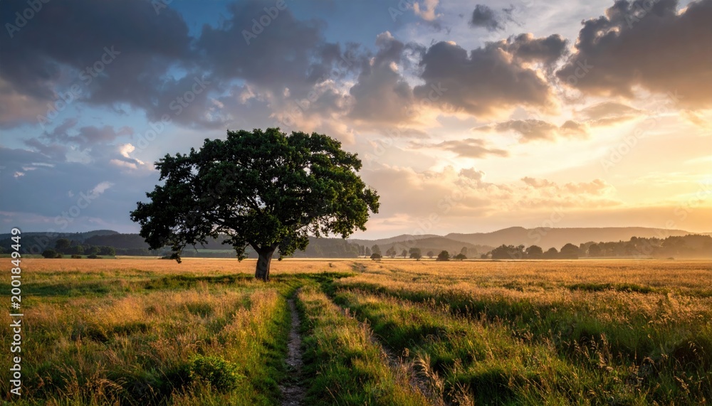 Fototapeta premium Tranquil countryside view featuring a solitary tree in a golden field under a cloudy sky at sunset ideal for travel nature and landscape projects