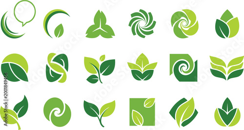 Leaf and Eco Logo Vector Set Featuring Circular, Swirl, and Leaf-Based Emblems for Digital Design.