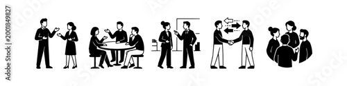 Business communication and teamwork icon set featuring people collaborating, networking, shaking hands, and brainstorming in various professional settings. Black and white minimalist style.