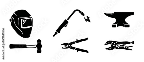 Welding and Metalworking Tool Icons Set, Black Silhouette Graphics for Industrial Workshop and Manufacturing Projects, Including Welding Mask, Torch, Anvil, Hammer, Metal Snips and Locking Pliers Desi