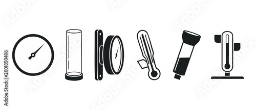 Measuring instruments icon set, thermometer and gauge icons for scientific laboratory equipment and pressure monitoring, black silhouette graphic symbols for technical analysis and industrial measurem