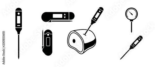 Meat Thermometer Icons Set Digital Cooking Tools for Food Safety and Kitchen Temperature Measurement Illustration in Minimalist Black Silhouette Vector Style for Culinary Grilling and Culinary Prepara