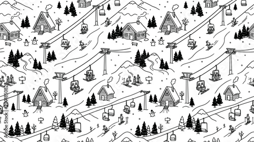 Monochrome Winter Ski Resort Seamless Pattern with Skiers, Cabins, Snowmen, and Mountains in Line Art, isolated white background