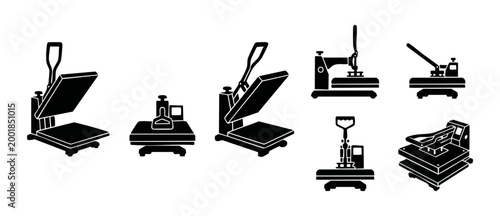 Heat Press Machine Icons Set, T-Shirt Printing Equipment Silhouette, Professional Sublimation Apparel Tools for Textile Customization, Flat Vector Illustration Isolated on White Background for Busines