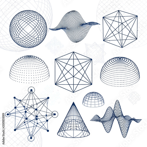 A collection of 3D wireframe geometric shapes on a white background including a sphere cube and various mathematical models