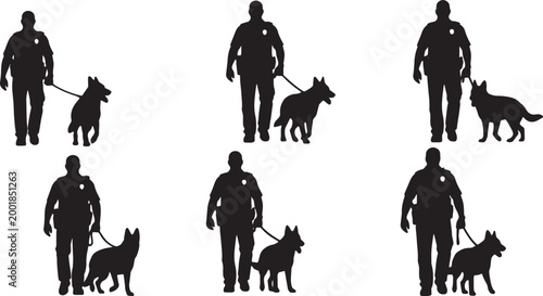 Foto Black Solid K9 Police Officer Dogs Silhouettes Set of Six on White Background
