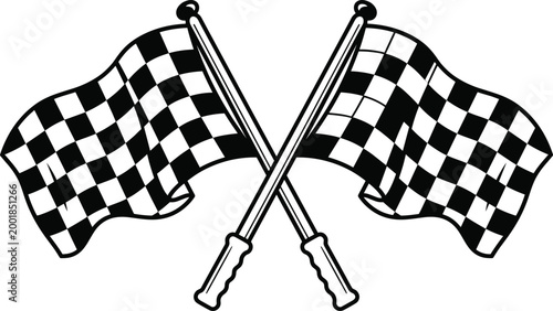Two crossed black and white checkered racing flags with handles vector illustration symbol for finish line achievement competition speed automotive sports car rally and victory