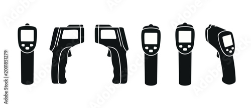Infrared Thermometer Gun Icon Set, Digital Temperature Measurement Tools for Industrial Safety and Health Screening, Isolated Vector Black Silhouette Graphics Collection for Medical and HVAC Diagnosti