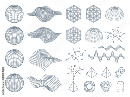 A collection of various 3D wireframe geometric shapes and molecular structures on a white background