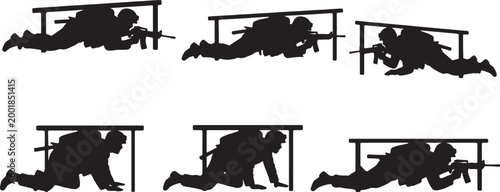 Tableau sur toile Black Solid Marine Soldiers Crawling Silhouettes Set of Six on White Background