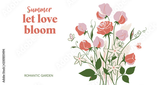 Romantic garden flowers, summer blooms, love bouquet, floral illustration