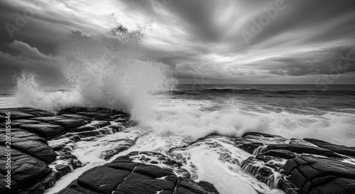 Dramatic ocean wave crashing on rocky shoreline with cloudy sky