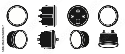 Analog Gauge Set Vector Icons, Round Industrial Dashboard Meter Symbols, Automotive Instrument Panel Dial Graphics, Precision Measurement Tool Silhouettes for Technical Engineering Schematics and Desi