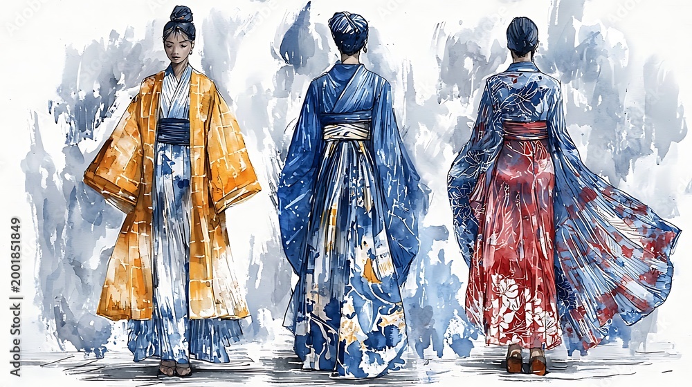 Fototapeta premium Three women wearing traditional Japanese kimonos in different colors and patterns on a watercolor background