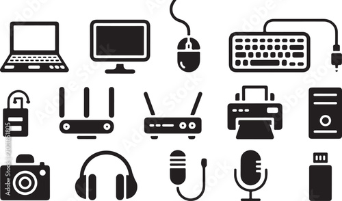 A collection of black silhouette representing computer hardware, networking devices, and multimedia peripherals, including laptops, monitors, keyboards, routers, printers, and microphones