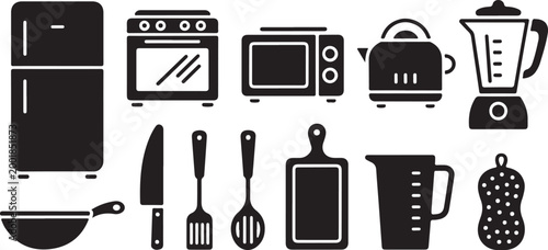A collection of black silhouette representing kitchen appliances and cooking utensils, including a refrigerator, oven, microwave, kettle, blender, frying pan, knife, spatula, and cutting board