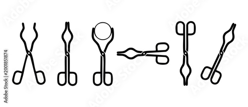 Laboratory Crucible Tongs Set, Metal Chemistry Equipment Icons, Surgical Forceps Vector Collection for Scientific Research, Medical Tool Silhouette Illustration, Isolated Black Outline Professional Ge