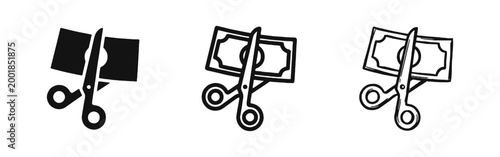 Budget Cut Icon with Scissors Cutting Banknote Concept