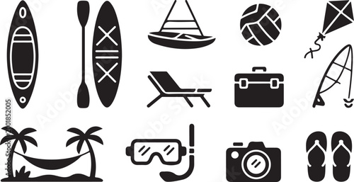 A collection of black silhouette representing summer vacation activities, featuring a kayak, paddle, sailboat, beach ball, kite, lounge chair, cooler, windsurfer, hammock, snorkel, camera, and