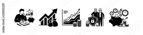Monochrome icon set depicting financial planning, retirement savings, investment growth, and wealth security for seniors and families.