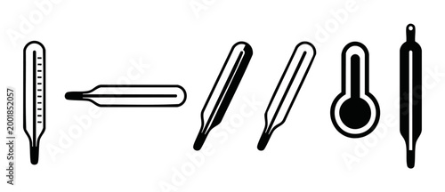 Thermometer Icons Set Black Medical Equipment Design Collection for Health Temperature Measurement and Fever Checking, Flat Vector Graphics Isolated on White Background for Clinical Infographics Symbo