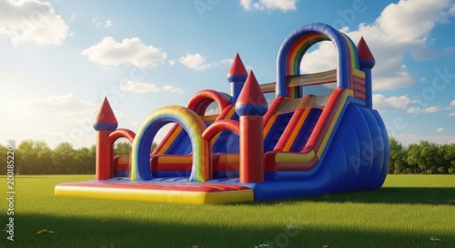 Colorful inflatable bounce house with rainbow slide on green grass field outdoors
