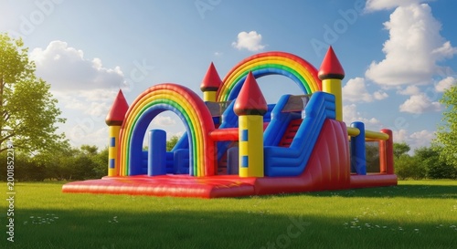 Colorful inflatable bounce house with rainbow and castle design outdoors