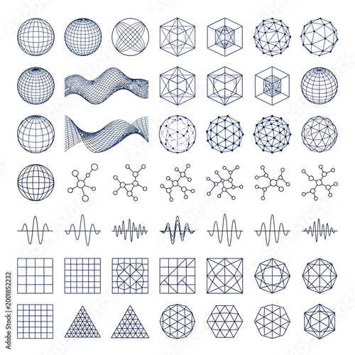 A collection of various mathematical and scientific diagrams and shapes including geometric figures and waveform patterns on a white background