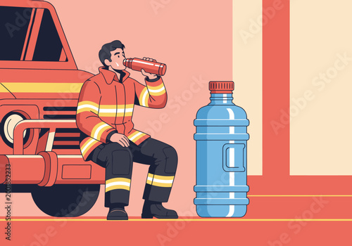 A firefighter hydrates during a safety drill, showcasing the importance of hydration. Bright colors and a clear composition make this image ideal for commercial use.