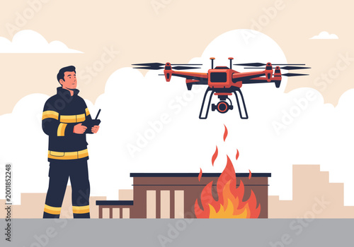 A firefighter operates a drone to assess a blaze, showcasing emergency response and aerial safety. Dynamic composition with flames and a focused operator.