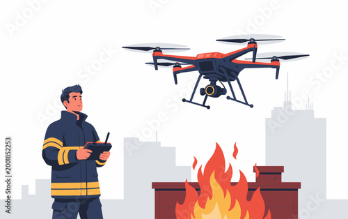 A firefighter operates a drone to combat a building fire. Dynamic action shot showcasing emergency response and modern technology.  Clear composition, vibrant colors.