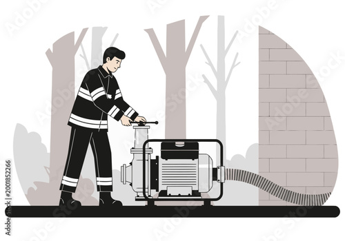 A firefighter operates a portable water pump in a forest setting. The black and white illustration depicts a professional responding to a wildfire. Clear composition, impactful imagery.
