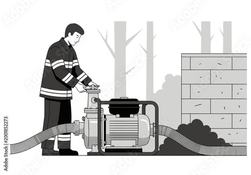 A firefighter operates a water pump in a forest setting, battling a blaze. Strong composition, clear action, and a dramatic visual.