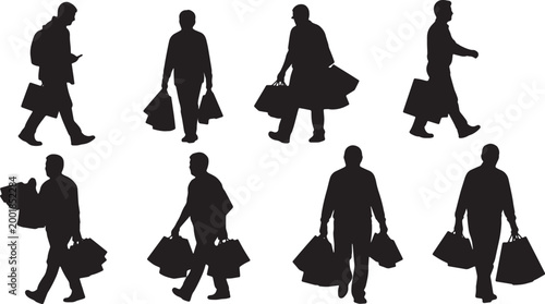 Canvas Print Black Solid Heavy Bag Shopper Walking Silhouettes Set of Six on White Background