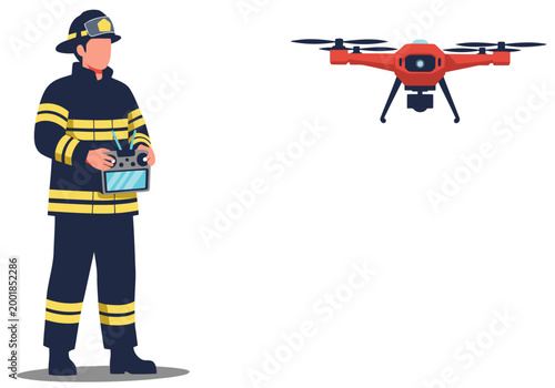 Firefighter operates a remote control drone for fire assessment. Clear, professional image showcasing technology and emergency response. Modern, dynamic composition.